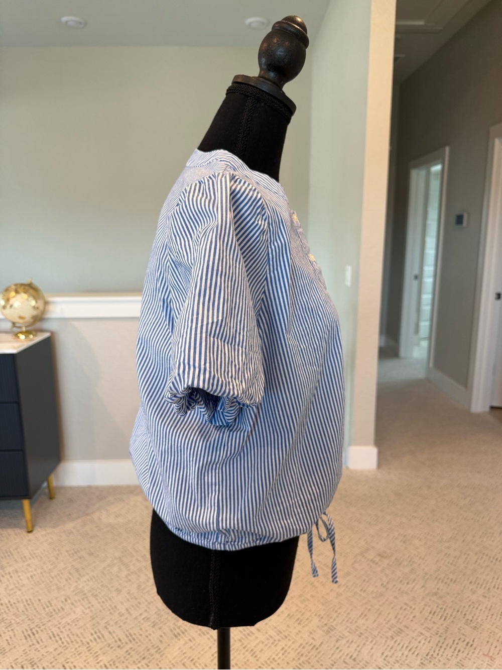 J. Crew Blue and White Striped Puff-Sleeve Button-Front Top - Picture 2 of 9